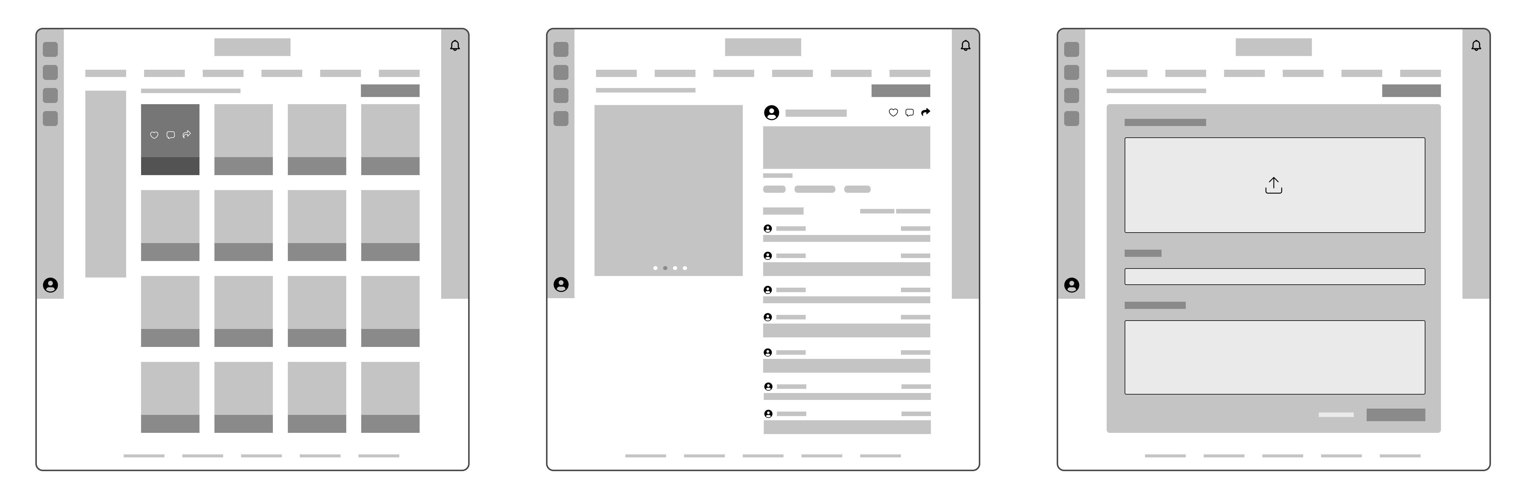 Low-fidelity wireframes for the discovery grid, project detail page, and upload form